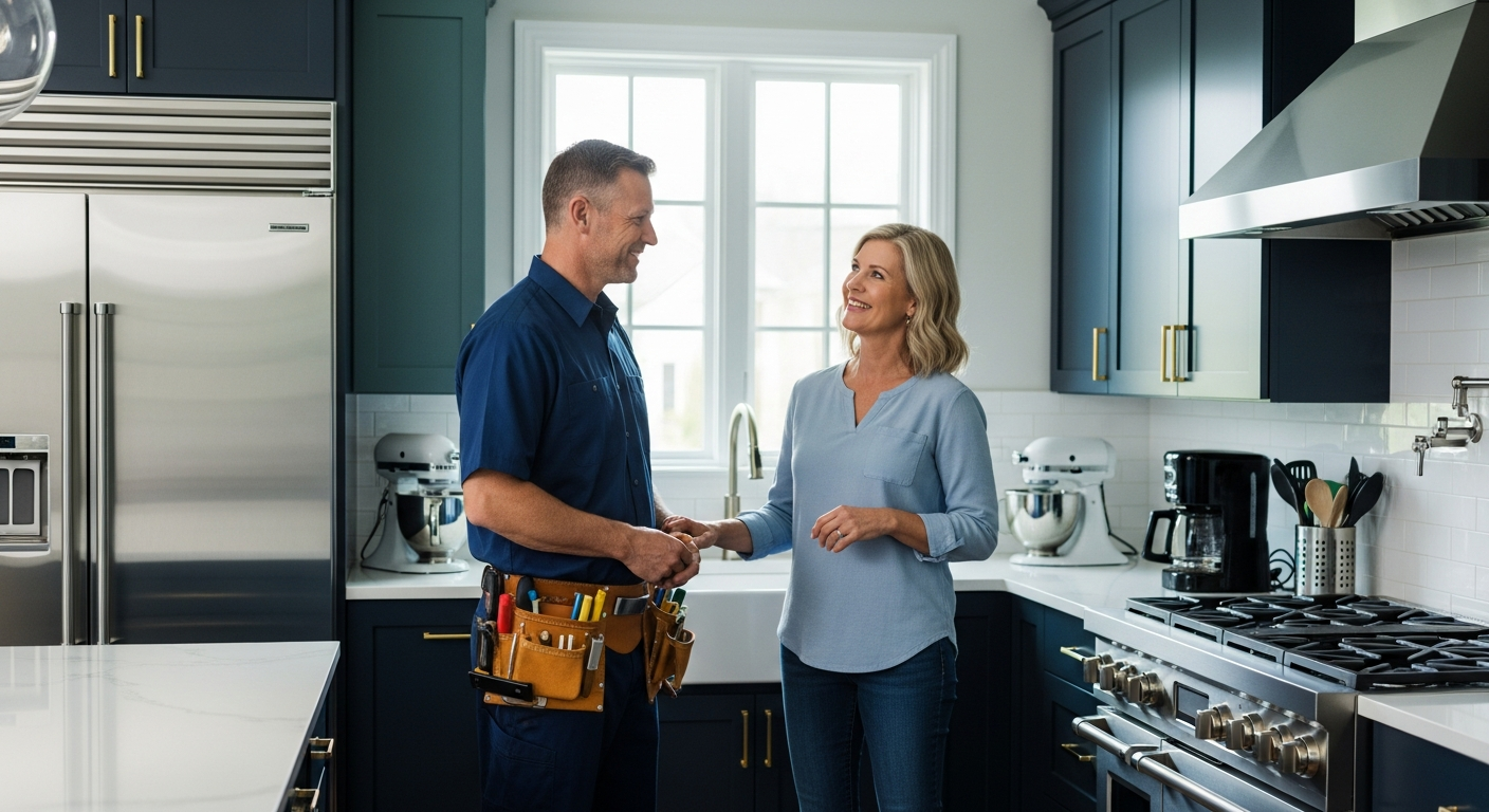 A Sears Protect technician greeting a homeowner in her kitchen